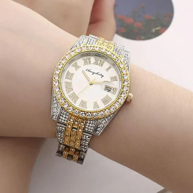 

Luxury Round Quartz Roma Dial Casual Watches Stainless Strap Fashionable Full Rhinestone Clock Waterproof Wristwatch for Women