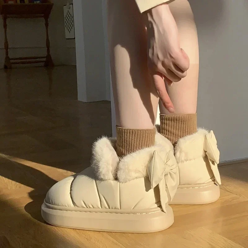 Snow Boots Women Bowknot Cotton Shoes Thick Platform Ankle Fur Warm Ankle Plush Warm Snow