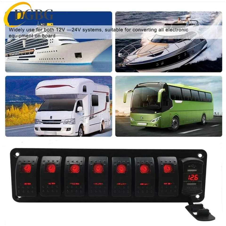 Pannello Interruttori A Bilanciere 7 Marce 12V/24V Con USB E Voltmetro - Impermeabile Per Barca, Camper, Auto, UTV, SUV