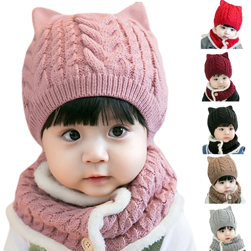 

Infant Baby Winter 2Pcs Beanie Hat with Button Circle Scarf Set Cartoon for Cat Ears Knit Skull Cap Plush Lined Neck War