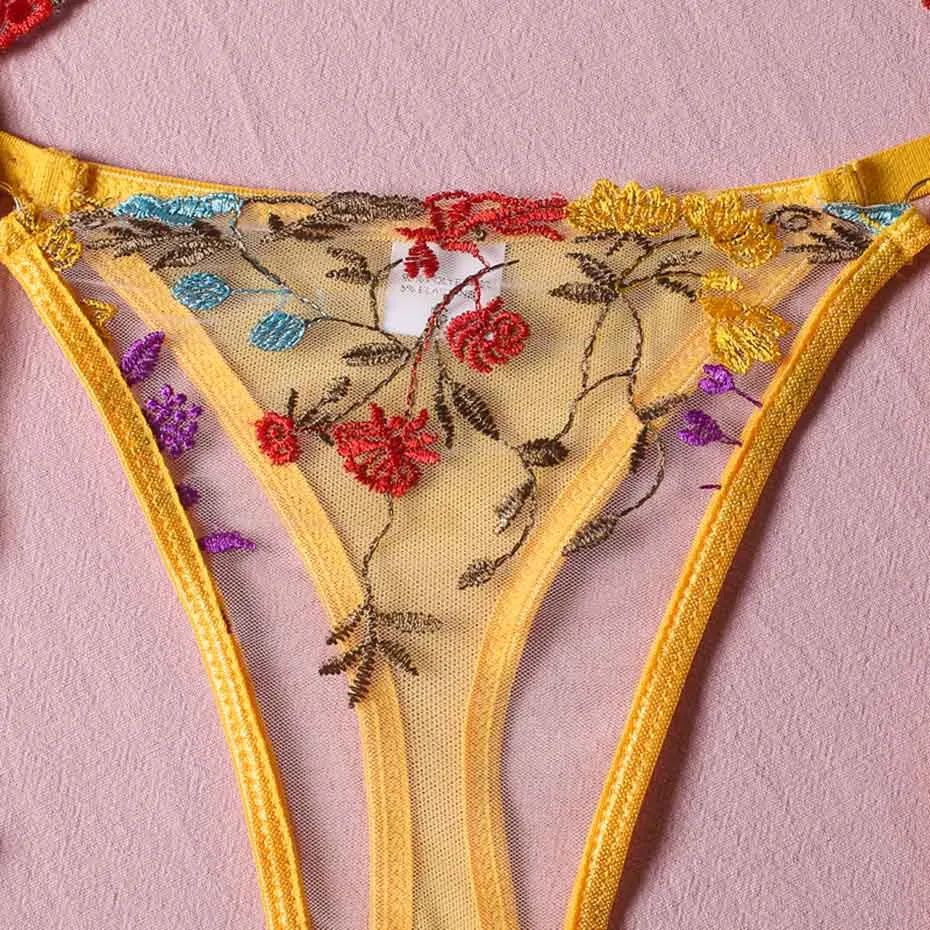 Sexy Bra And Panties Set Lingerie Yellow Embroidery Lace