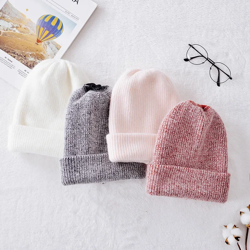 Winter Hats for Women Warm Long Rabbit Fur Hair Female Caps Fashion Solid Colors Wide Cuff Young Style Beanies 3