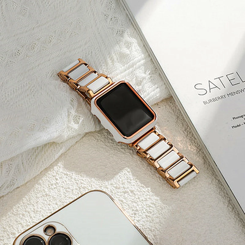 

Ceramics Bracelet + Case For Apple Watch 7 Band Series 6 SE 44mm 40mm 45mm 41mm Link Metal Strap For iWatch 5 4 Watchbands