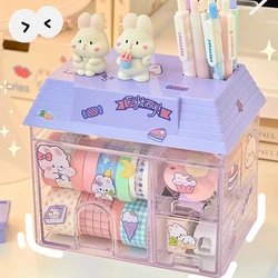 Transparent Desktop Storage Box Creative Small House Pen Holder Student Kawaii Stationery Cosmetic Organizer Rack Drawer Cute