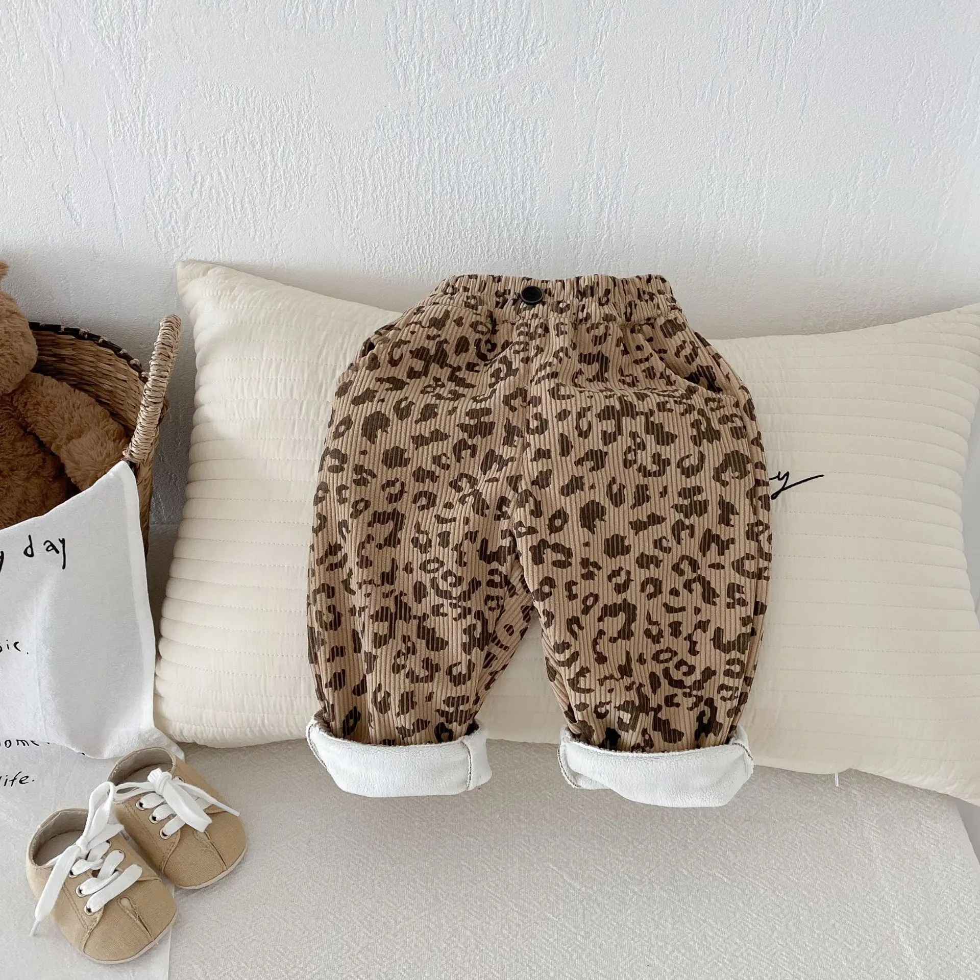 Leopard Floral Print Kinder Verdicken Futter Hosen Elastische Taille Herbst Winter Warme Kleinkind Hosen 0-5Y kinder Kleidung – Detail 3