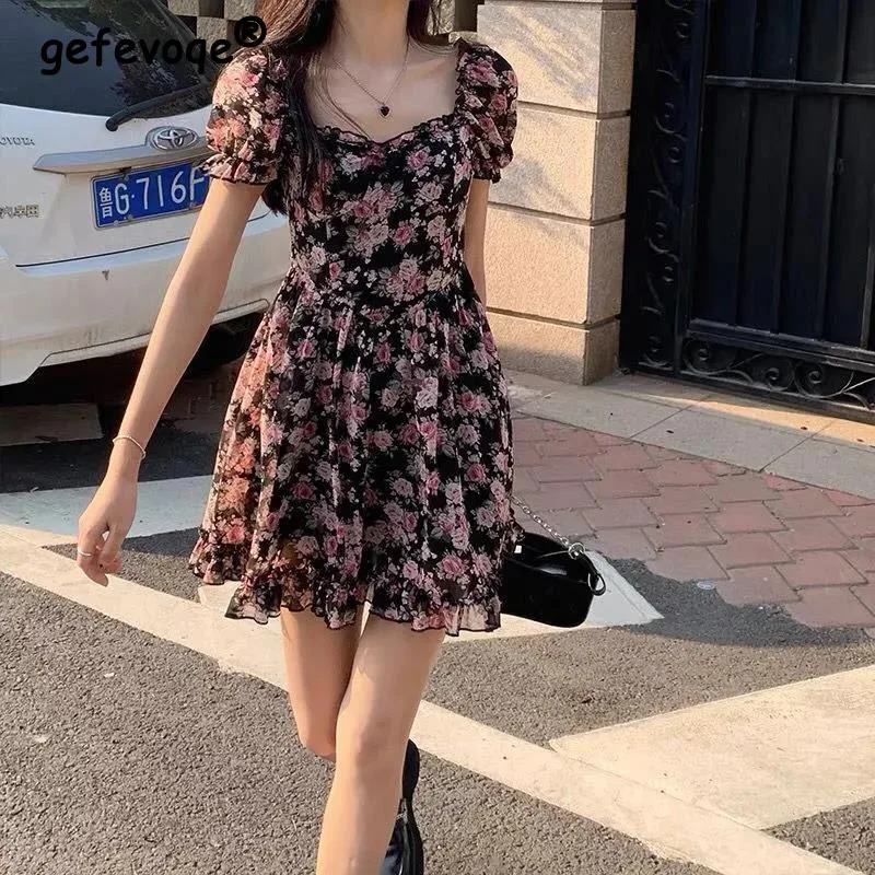 Women Floral Print Sweet Puff Sleeve Korean Preppy Style High Waist Mini  Dress Students Girl Summer Elegant Square Neck Vestidos - AliExpress