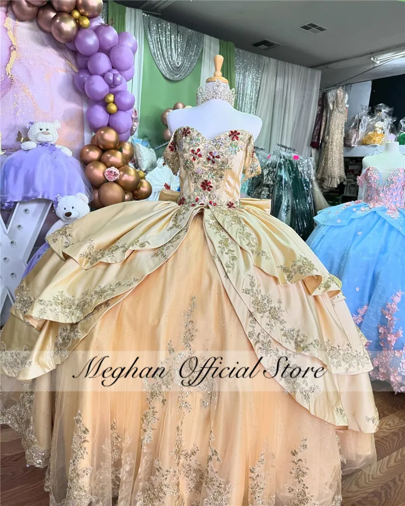 

Mexico Champagne Off The Shoulder Quinceanera Dress 2023 Appliques Corset Prom Dress Beaded Ball Gown Tiered Sweet 16 Robe De