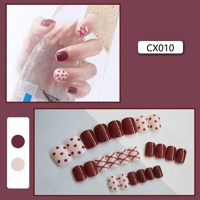 24pcs/box Fake Nails Press on Short Reusable with Designs Set French Artificial Pink False Tipsy Stick-on Nails Tips Art CX010