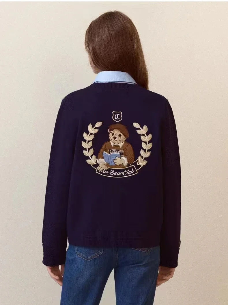 

Women bear embroidery Cardigans Preppy Knit Hoodie Dark Blue Color Coat Jackets Oversize Fashion spring Fulls