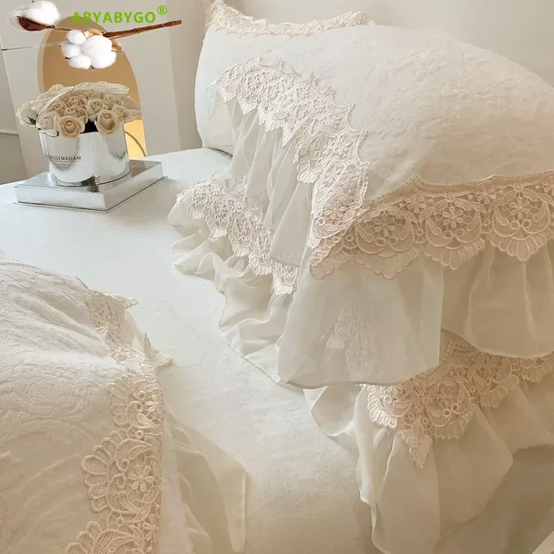 French Vintage Double Layer Lace Ruffles Carved Velvet Duvet Cover Set Winter Bedding Set Plush Quilt Cover Bed Sheet Pillowcase 4