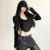 y2k Crop Top Women Punk Gothic Clothes Solid Color Long Sleeve Hooded T Shirt with Thumbhole Wasteland Tee Streetwear