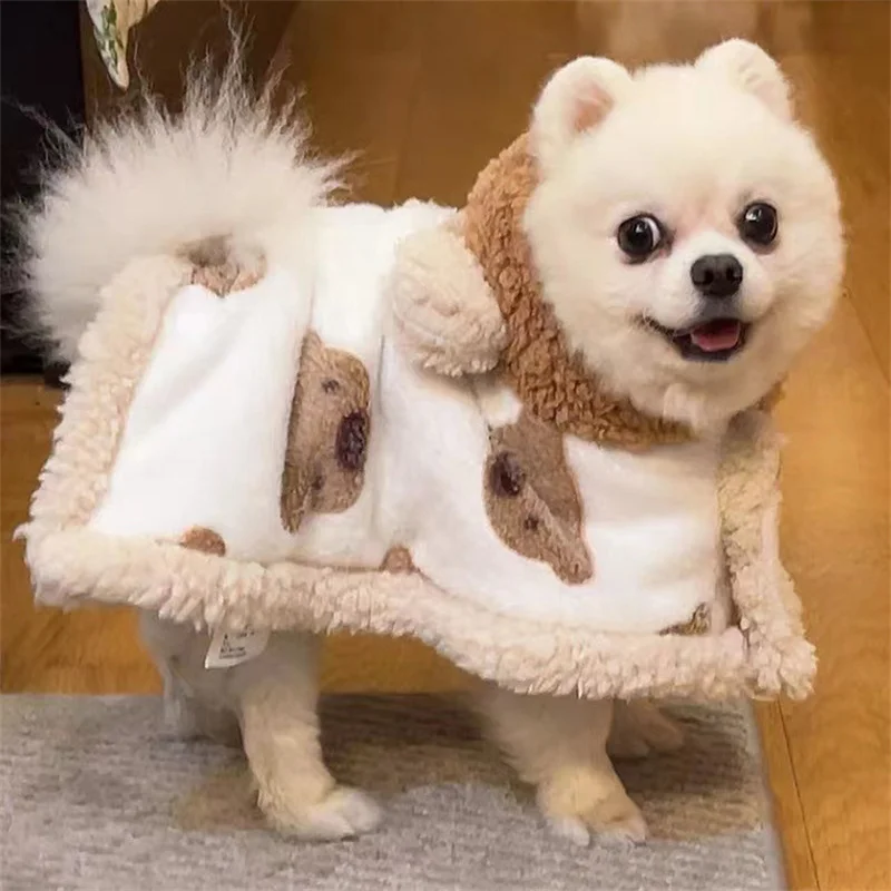 Dog windbreaker with hat small dog clothes lovely bear cloak warm blanket