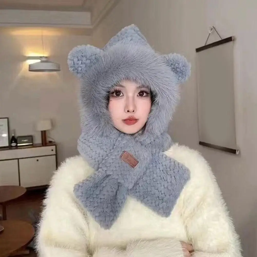 Lovely Beanie Hat Scarf Set Women Faux Fur Warm Winter Hat Children Parent Neck Circle Scarf Ski Snow Plush Bear Cap
