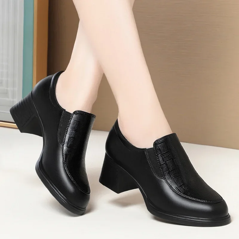 4cm 5cm Vintage Med Block Heels Soft Leather Shoes Women
