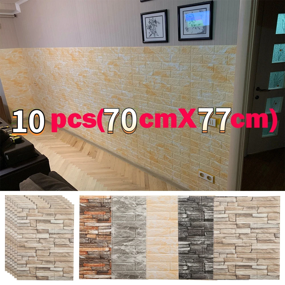 10PCS 3D Wall Stickers 70*77cm Good-adhesion Waterproof Brick Wallpaper for Kitchen Living Room TV Background Kids Bedroom Decor 20pcs hook power plug bracket tidy hanging rack pvc wall hook strong adhesion seamless transparent waterproof kitchen bathroo