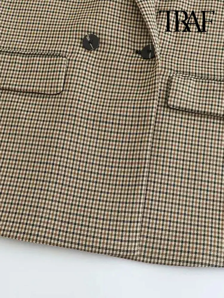 TRAF Women Fashion Double Breasted Plaid Blazer Coat Vintage Long Sleeve Flap Pockets Female Outerwear Chic Vestes Femme 4