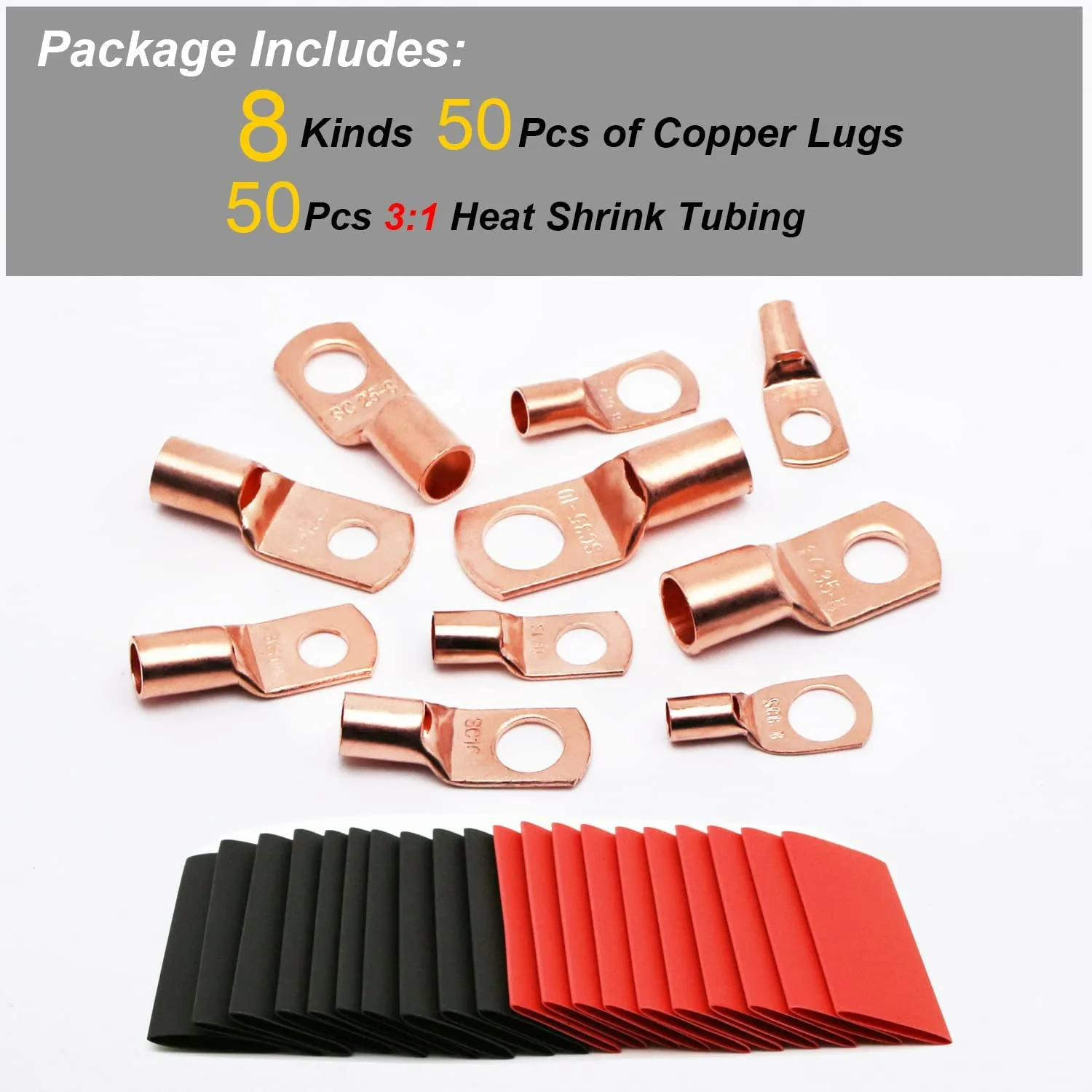 Copper Terminal Connectors AWG 4 6 8 10 12 Ring Lug Kit Shrink Tubing 50 Battery Cable Lugs 50 Shrink Tubing 100pcs