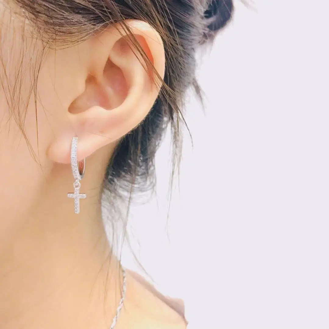 Cross Ear Buckle Earrings Shiny Cubic Crystal Gold Color Hoop Earrings for Women Korean Wedding Jewelery