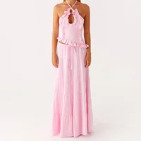 Ensemble jupe Maxi 2 pièces style Boho pour femmes, Y2k, Sexy, col licou, froncé, haut caraco, jupes à volants fluides à plusieurs niveaux, tenues de plage et de vacances 4