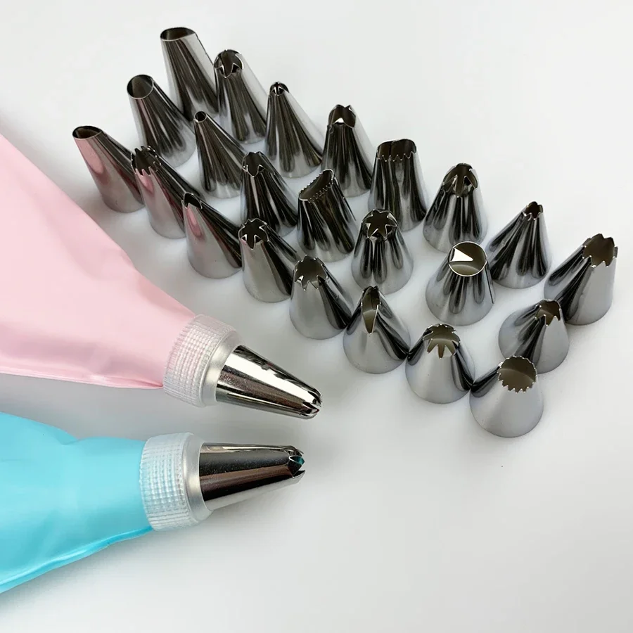Silicone Pastry Bag Tips 26 PCS/Set Kitchen DIY Icing Piping Cream Reusable Pastry Bags +24 Nozzle Set Cake Decorating Tools cake decorating tip set,cake icing nozzles,baking nozzle set,cake decorating nozzle set,pastry bag set