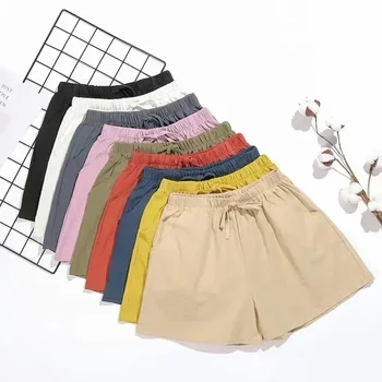 여성용 코튼 린넨 비치 반바지, 기본 짧은 바지, 미니 와이드 레그 팬츠, 숙녀 홈 스트리트웨어