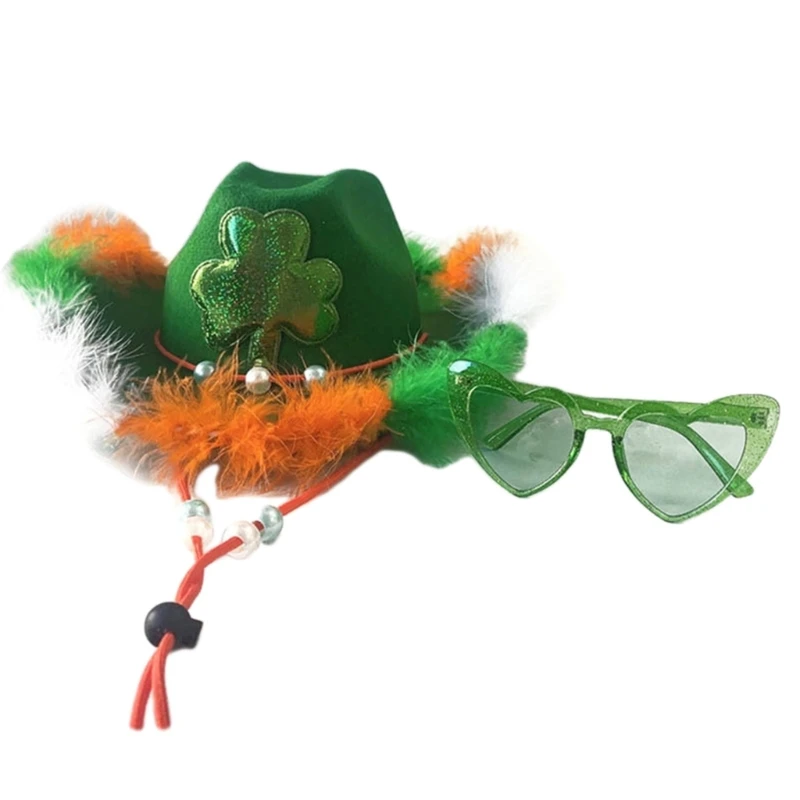 

Woman Heart Sunglasses Cowboy Hat Set Patricks Day Outdoor Wide Brim Adult Irish Hat for Photoshoots Supplies