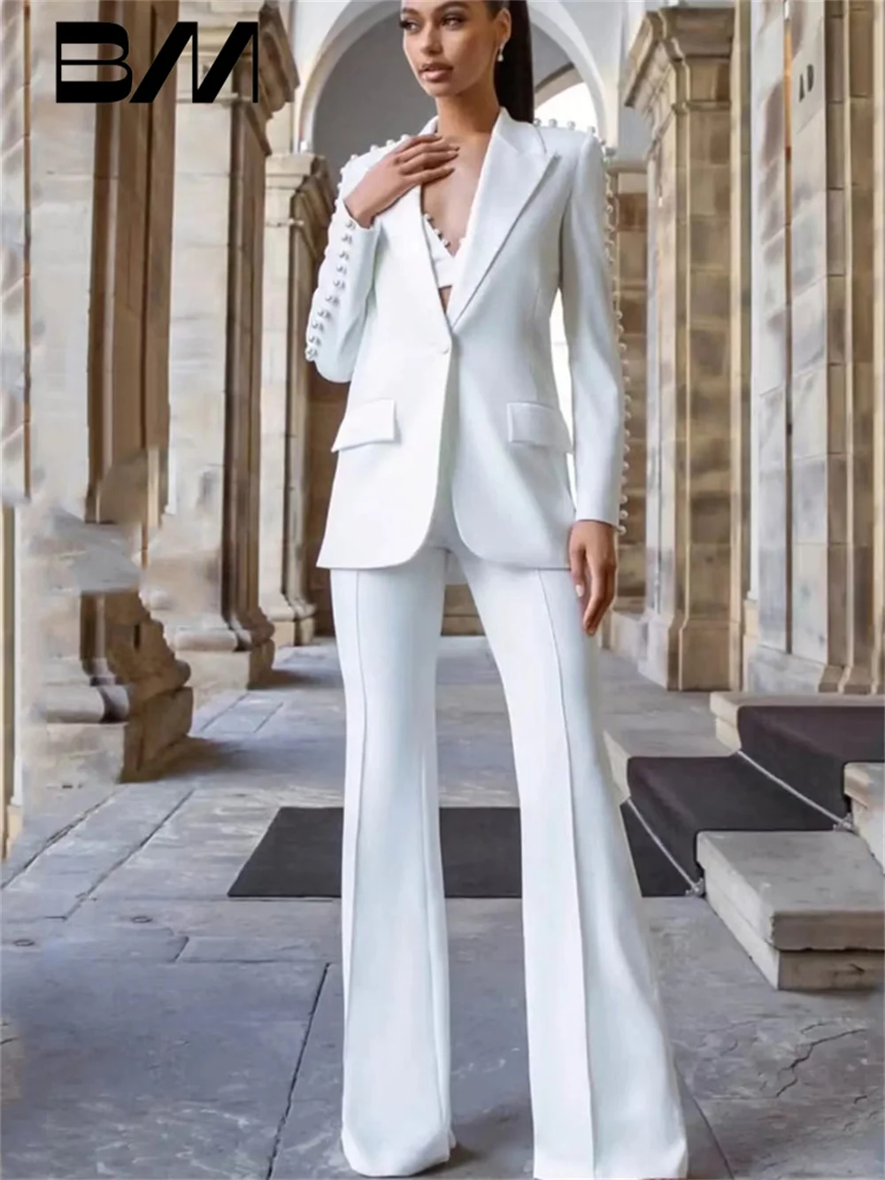 

Fashion Temperament Lady's Pearl Beaded One-Button Suit Mild Pants Suit 2PCS Women Office Formal Business Wedding Women's Suit