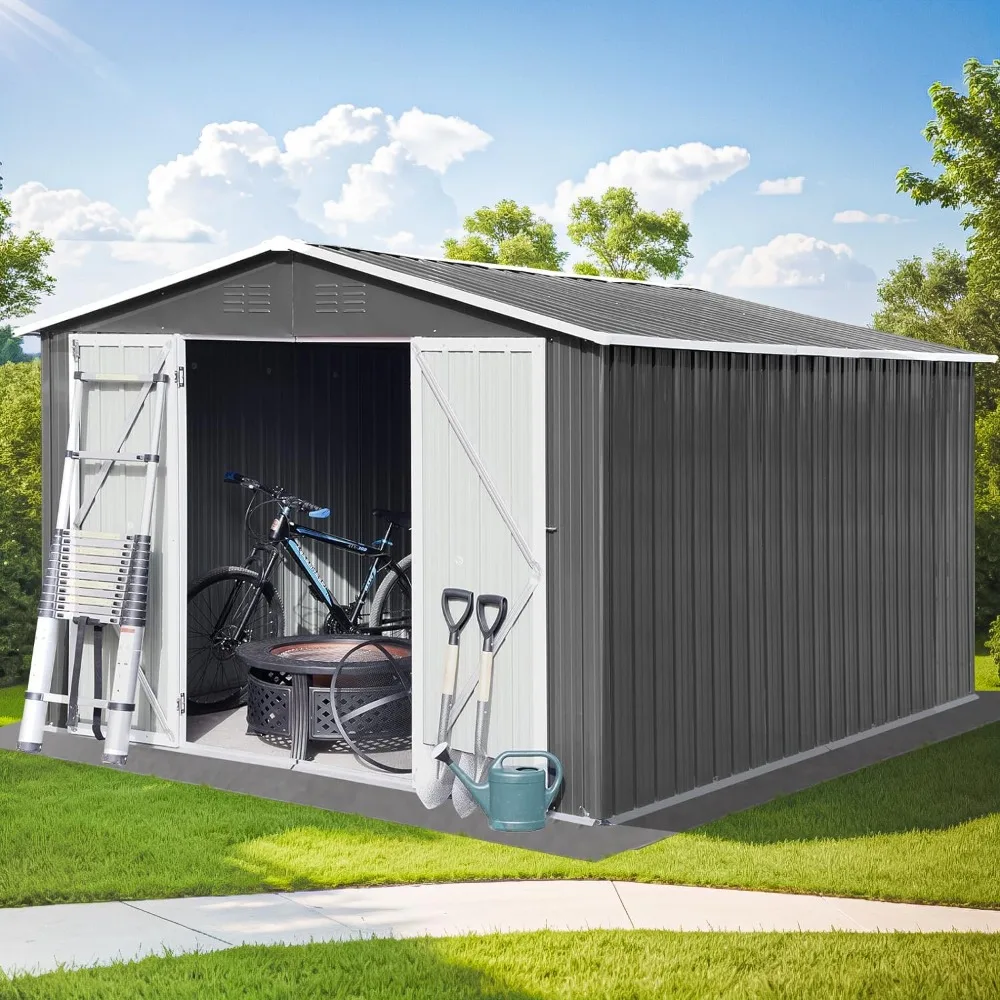 

10X8 FT Outdoor Storage Shed, All Weather Large Metal Foundation Shed, Heavy Duty Tool Sheds Storage