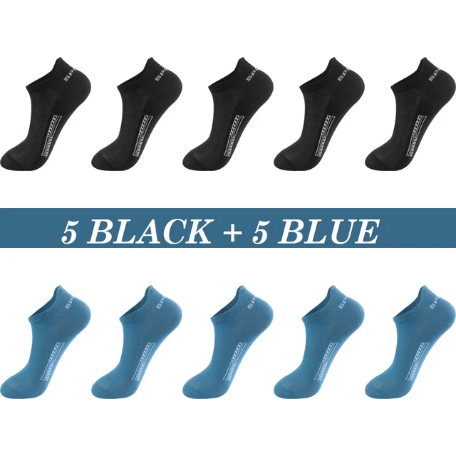High Quality 10Pairs Men Socks Cotton Summer Sports Breathable Ankle Socks Mesh Casual Athletic Thin Cut Short Plus Size 39-48 5 Black 5 Blue