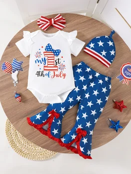 0-18M Baby Girl Outfit 4Pcs Ruffle Sleeve Bodysuit+Star Bell Bottom Pants+Hat Headband Fashion Summer Newborn Casual Clothes Set 1