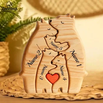 Puzzle di famiglia di orsi in legno artistico Nome personalizzato Decorazioni per la casa personalizzate Ringraziamento Natale Regalo di inaugurazione del cuore per la mamma del bambino 1