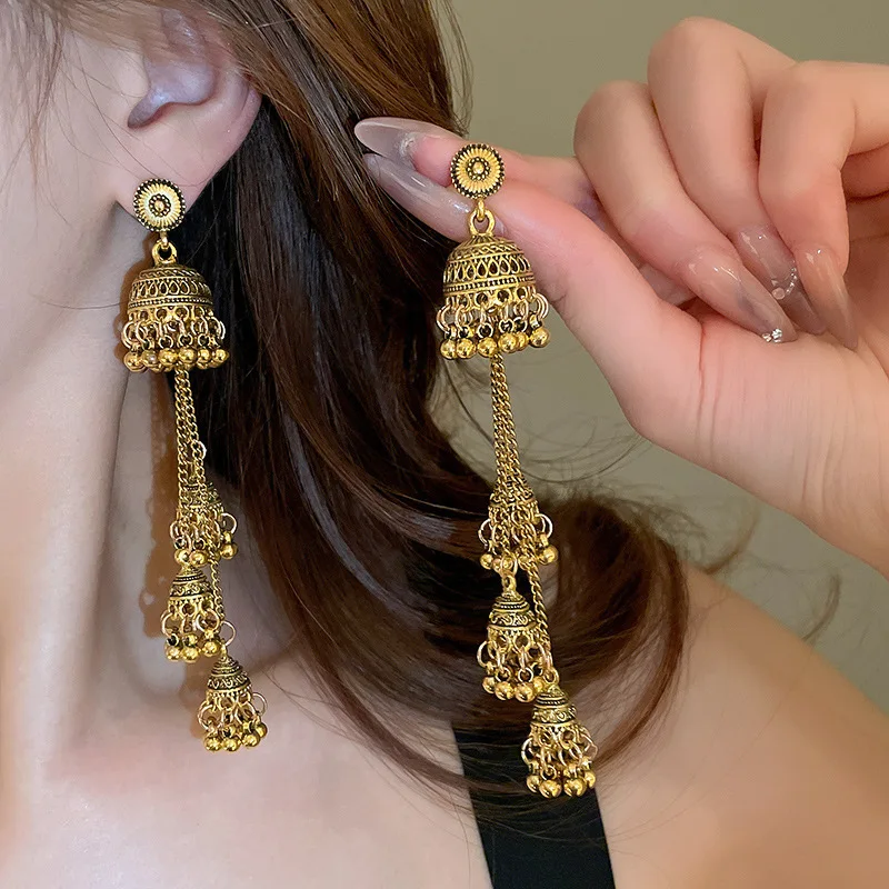 Retro Gold Color Birdcage Bell Drop Earrings for Women Mini Round Beads Long Tassel Earrings Dangle Retro Gypsy Ear Jewelry