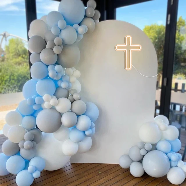 First Communion Decorations For Boys - White & Gold Balloon Garland Kit With Blue God Bless Backdrop