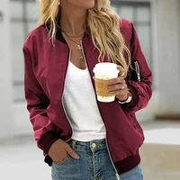 Vintage Long Sleeve Cool Girl Bomber Jacket Autumn Solid Color O-neck Zipper Women's Jackets Daily Black Casual Ladies Clothing