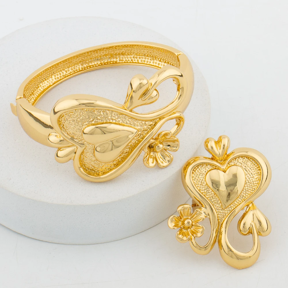 

Hand Bangle with Ring Jewelry Set for Women 18k Gold Color Flower Design Bracelet and Adjustable Ring Set for Weddings Party