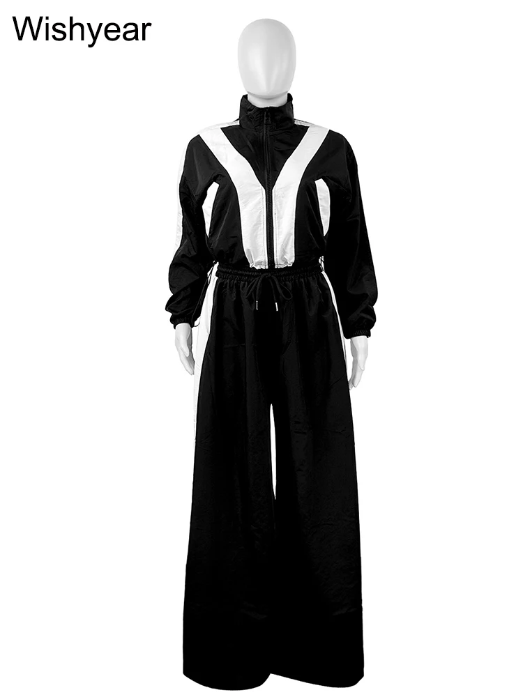 Fashion Striped Patchwork Women 2 Piece Set Wide Leg Pants and Jacket Long Sleeve Zipper Tops Loose Outfits Streetwear Tracksuit 5