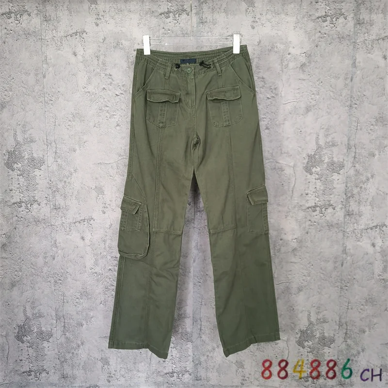 

Military Green Low Waist Cargo Pants Women Fashion Retractable Waist Trousers Multi Pocket Pants Dungarees
