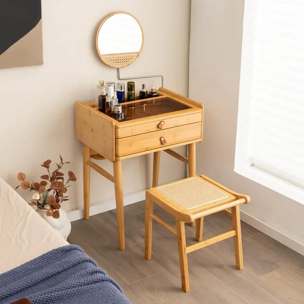 Bamboo Vanity Table Set with Adjustable Mirror Dressing Table and Stool Set with Tempered Glass Tabletop and Storage Drawers