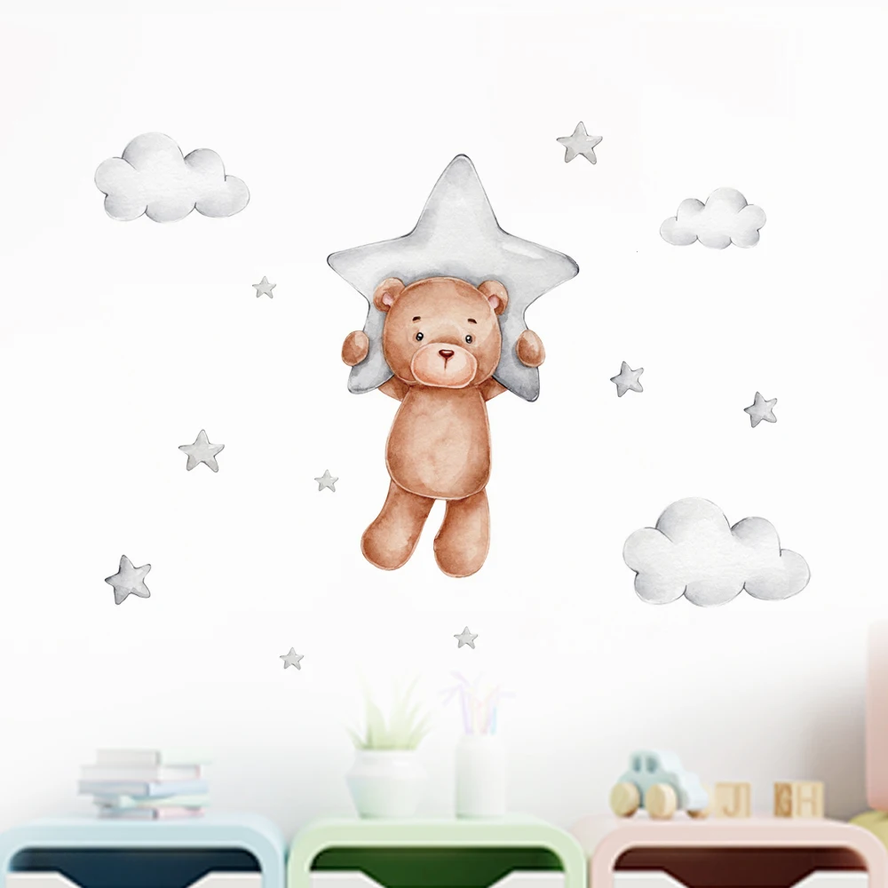 Funy Cute Bear Wall Stickers Cartoon Animals Flying Stars Cloud for Nursery Home Decor Art Kids Room Decal PVC Removable Posters wall stickers