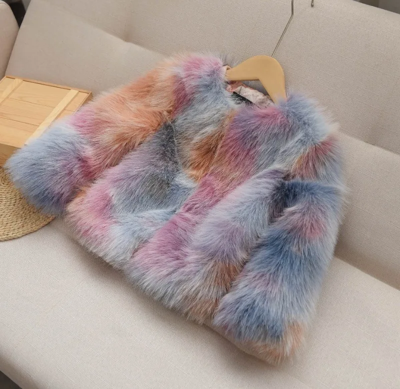 Winter Patchwork Fur Coat for Girls Short Round Neck - Uniqwear