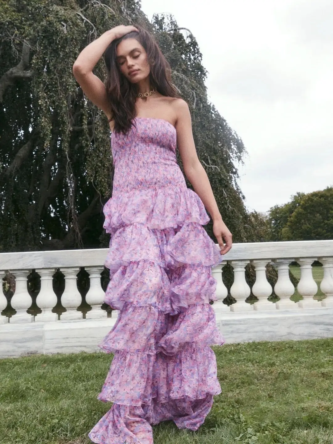 

Women's Floral Printed Tierred Multi-layer Ruffles Sexy Chest Wrapping Chest Silk Long Dress