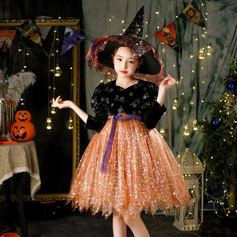 Bruxa de Halloween Cosplay de menina fantasia, Fofo brilhante bruxa vampiro  vestir, vestido elegante, mascarada infantil, performance de palco -  AliExpress