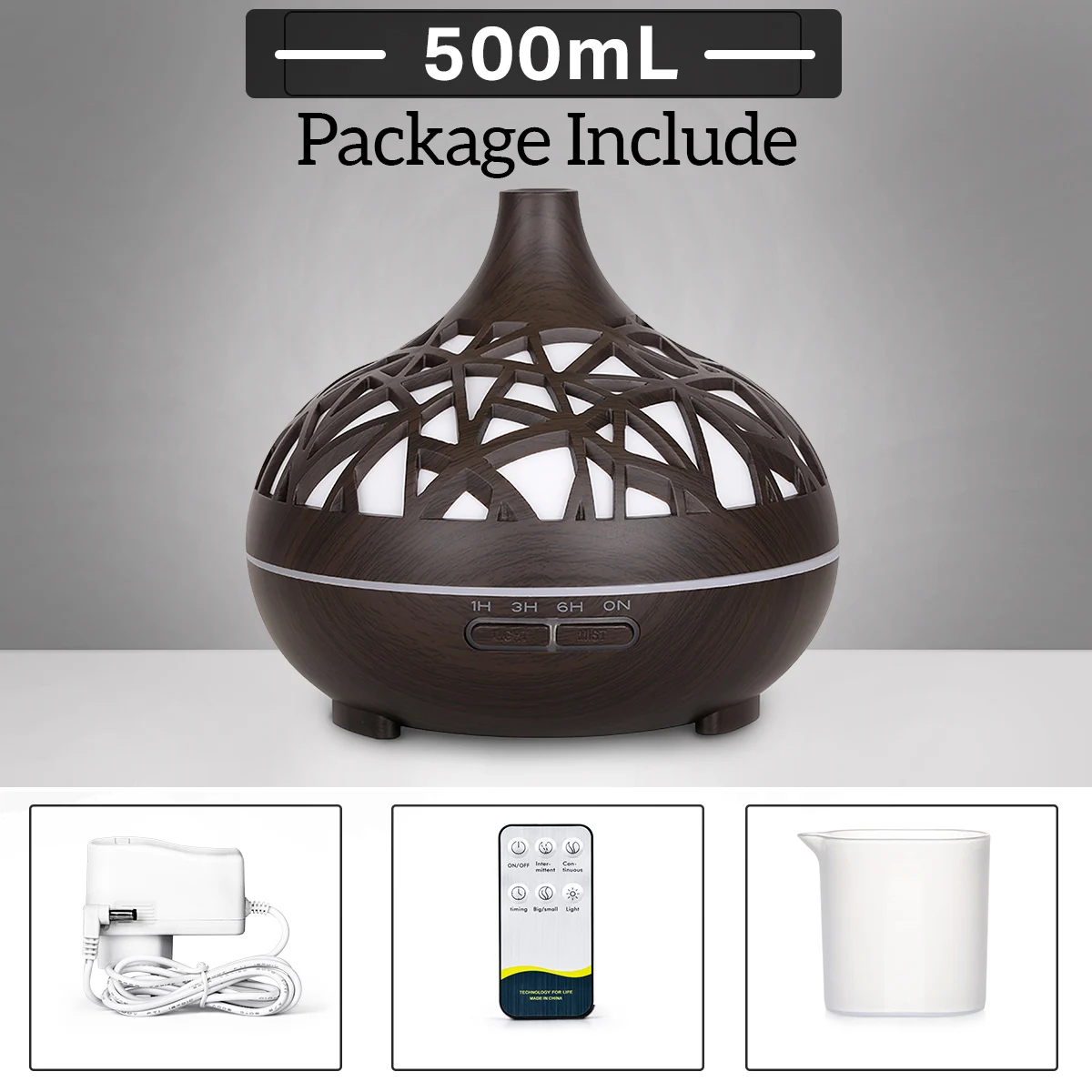 Humidifier Aromatherapy Essential Oil Diffuser Hollow Wood Grain Remote Control Ultrasonic Air Humidifier Cool with 7 Color LED 6