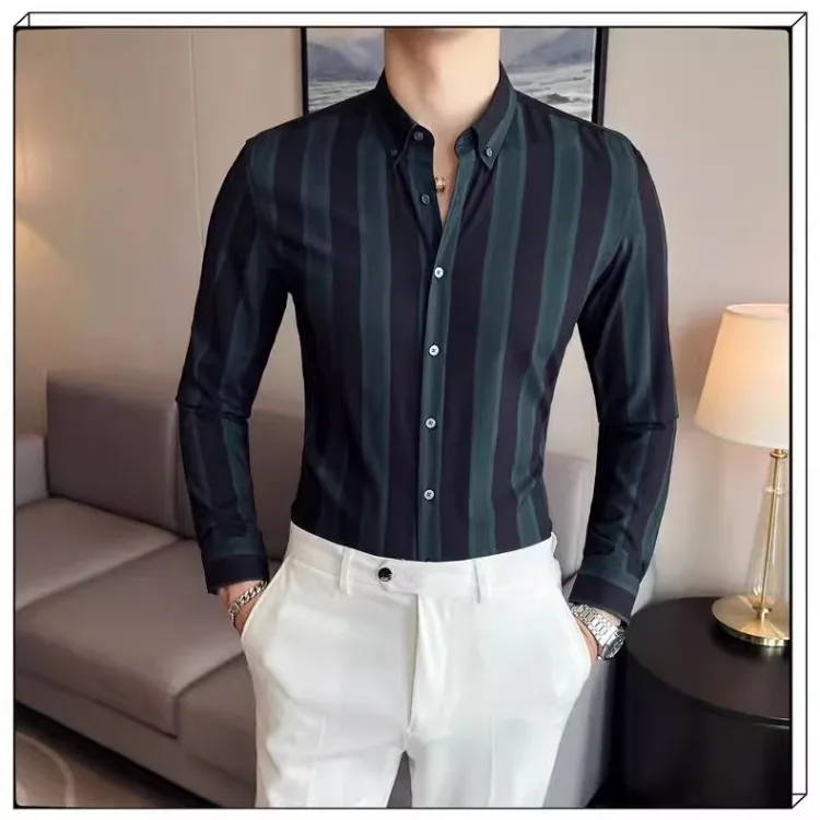 Description Picture 3 of itemClassics Contrasting Stripes Shirt for Men Summer Long Sleeve Casual Slim Fit Business Dress Shirts Slim Social Tuxedo Blouse