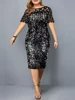 2022 Women Shiny Party Dresses M-5XL Size Evening Clothing O Neck Lace Short Sleeve Sheath Vintage Sequin Wedding Dress Ladies 2