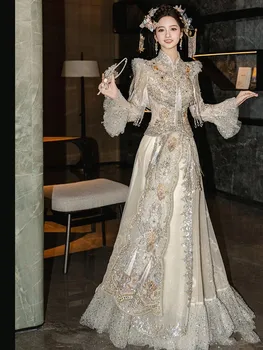 New Chinese-style knot-textured gauze toasting phoenix crown and red wedding dress