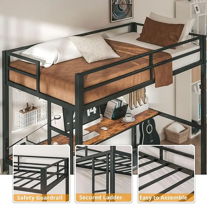 Loft Bed Twin Size with Desk, Metal Loft Bed Frame with Power Outlet and LED Lighted, Space-Saving, Noise Free, Black