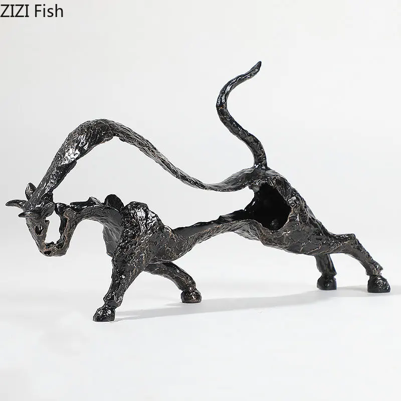 Black Cast Iron Bull Statue Abstract Animal Sculpture Desk Decoration