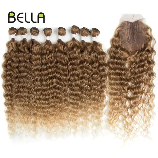 Bella Synthetic Hair Extensions Curly Hair Bundles With Closure Water Wave Synthetic Bundles 9Pcs 20 inch Ombre Brown For Women 2