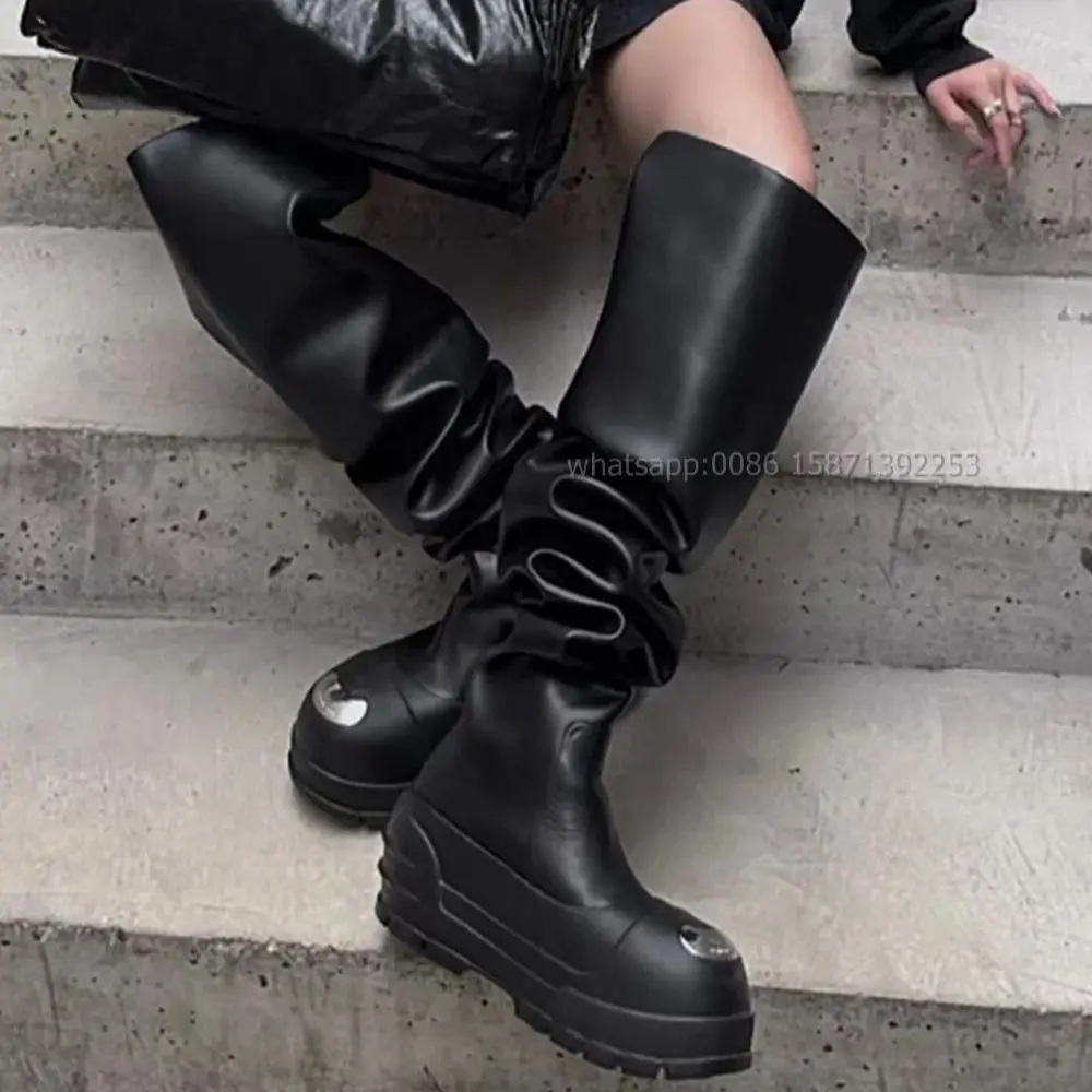 

Metal Decoration Pleated Tall Boots Round Toe Height Increasing Pull On Over The Knee Boots Solid Spicy Girl Booties Woman 2024